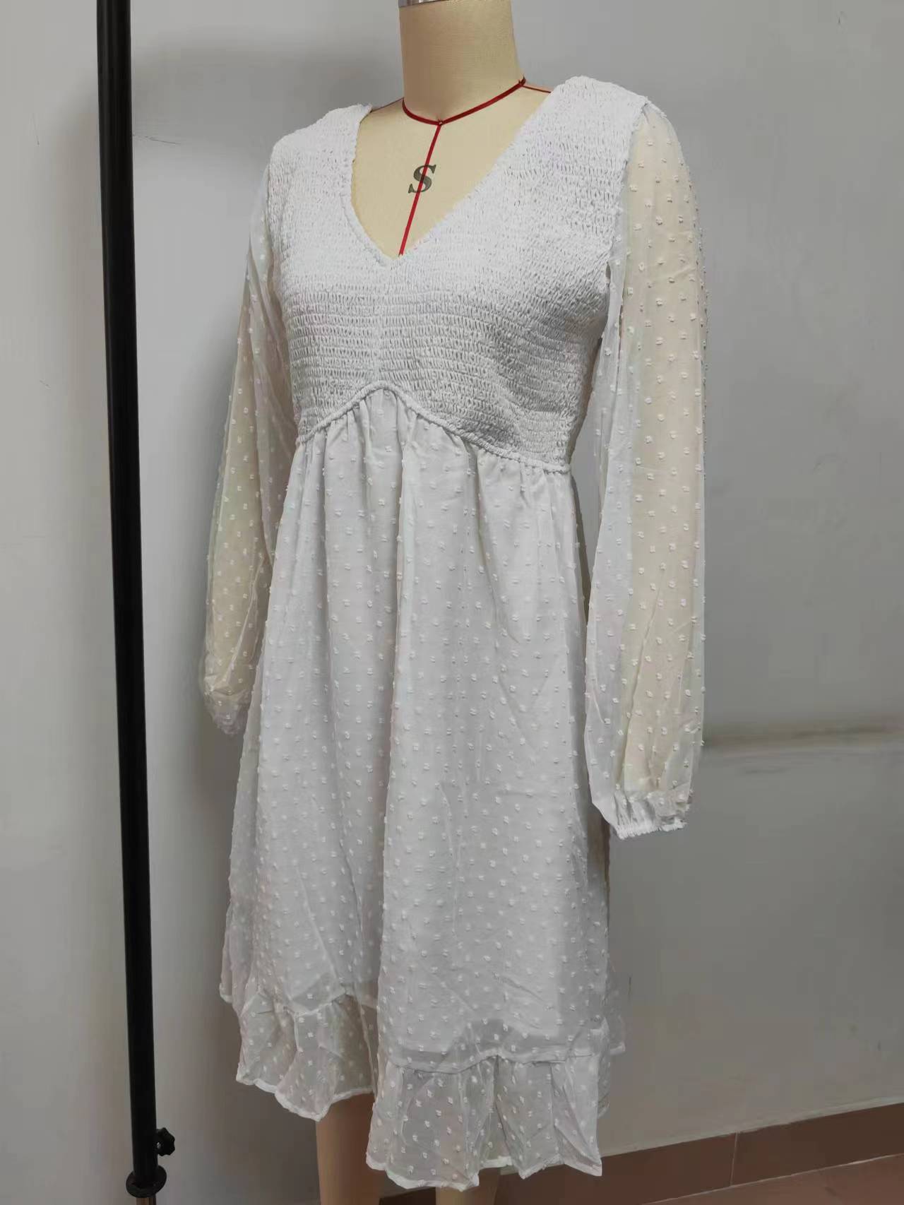 V-Neck Long Sleeve High Waist A-Line Jacquard Dress