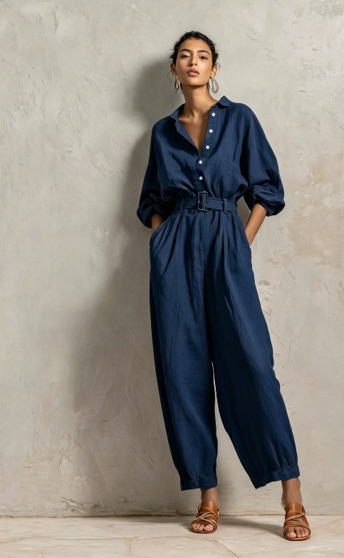 Linen-Blend Long-Sleeve Jumpsuit Casual Chic