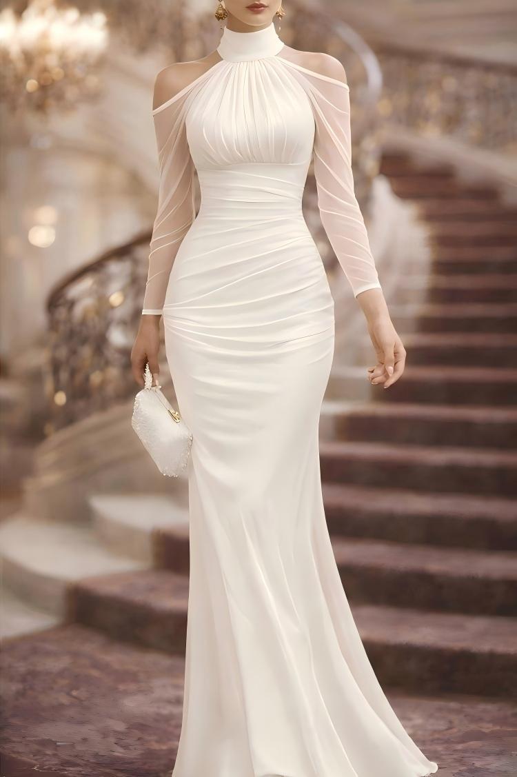 Women's Halter Neck Sheer Long Sleeve Mermaid Evening Gown