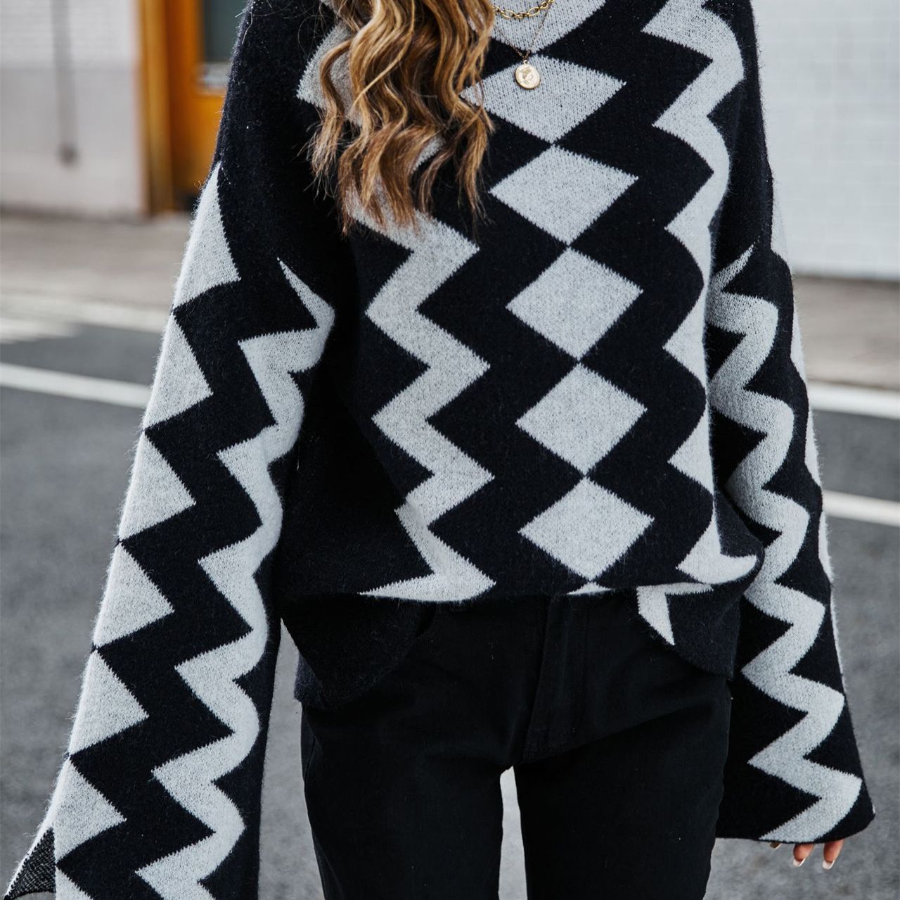 Diamond Plaid Color-Block Hooded Knit Sweater