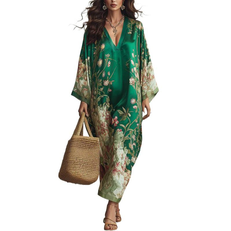 Bohemian Deep V-Neck Floral Print Long Dress