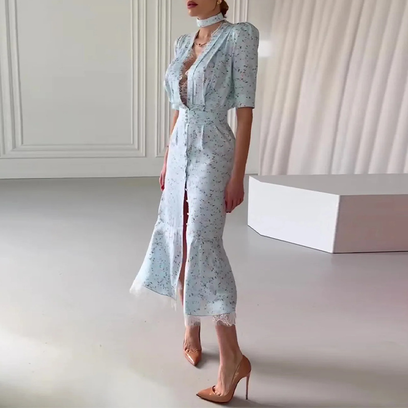 Women's Printed A-Line Midi Dress with Waist Tie and Ribbon Detail