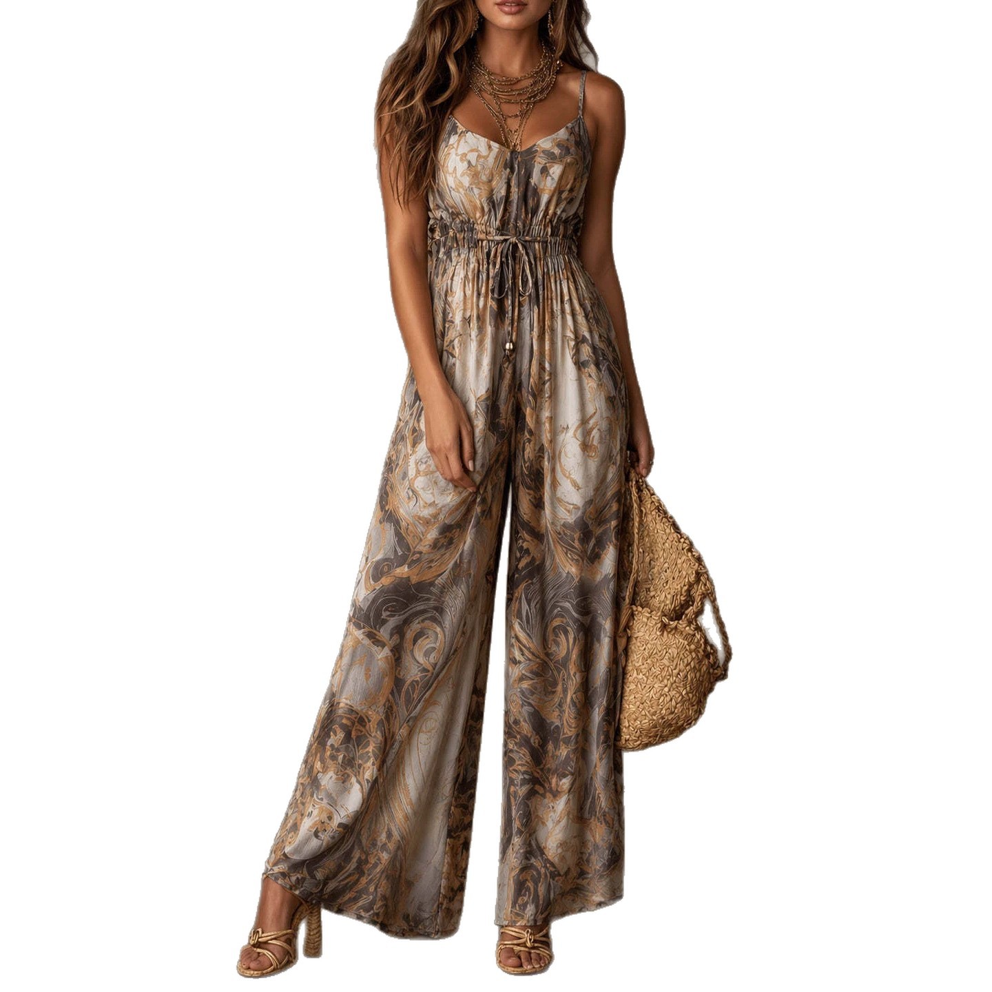 Floral Print Open-Back Wide-Leg Jumpsuit with Cami Straps