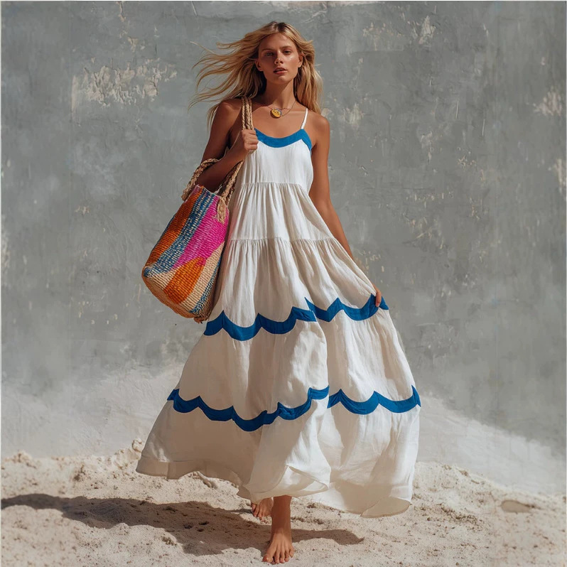 Retro Color-Block Wavy Edge Off-White Sleeveless Dress