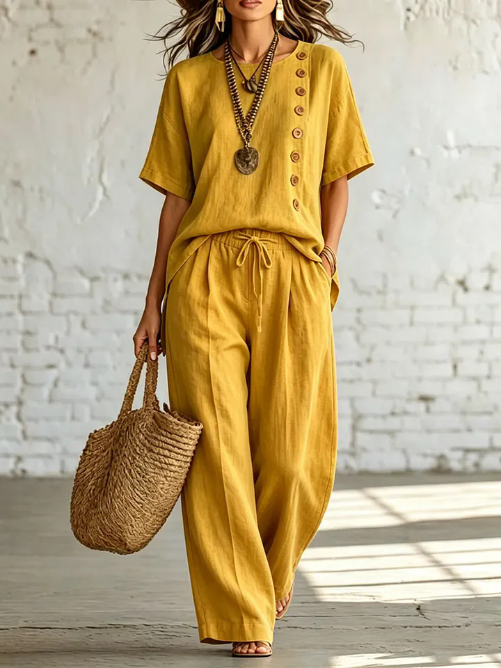 Women's Short Sleeve Side Button Loose Two-Piece Pant Set