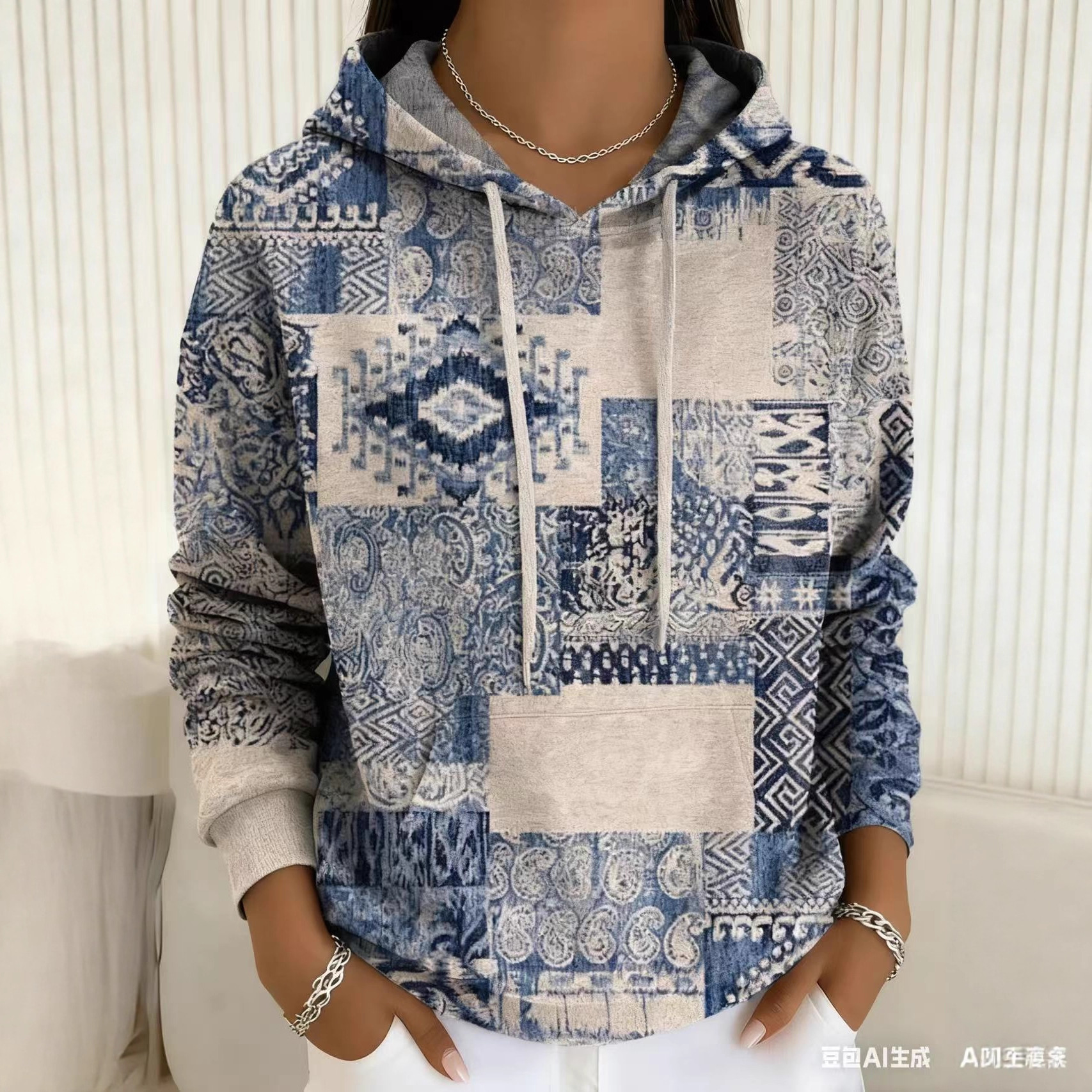 Women's Blue and White Porcelain Plaid Floral Print Hoodie Casual Pullover