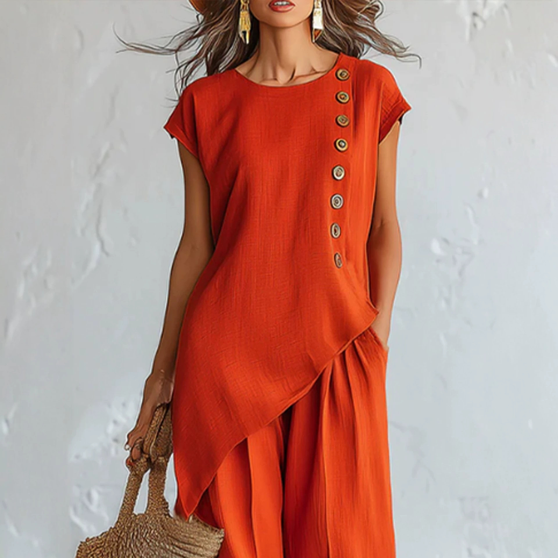 Women's Cotton-Linen Two-Piece Set with Sleeveless Top and Pants