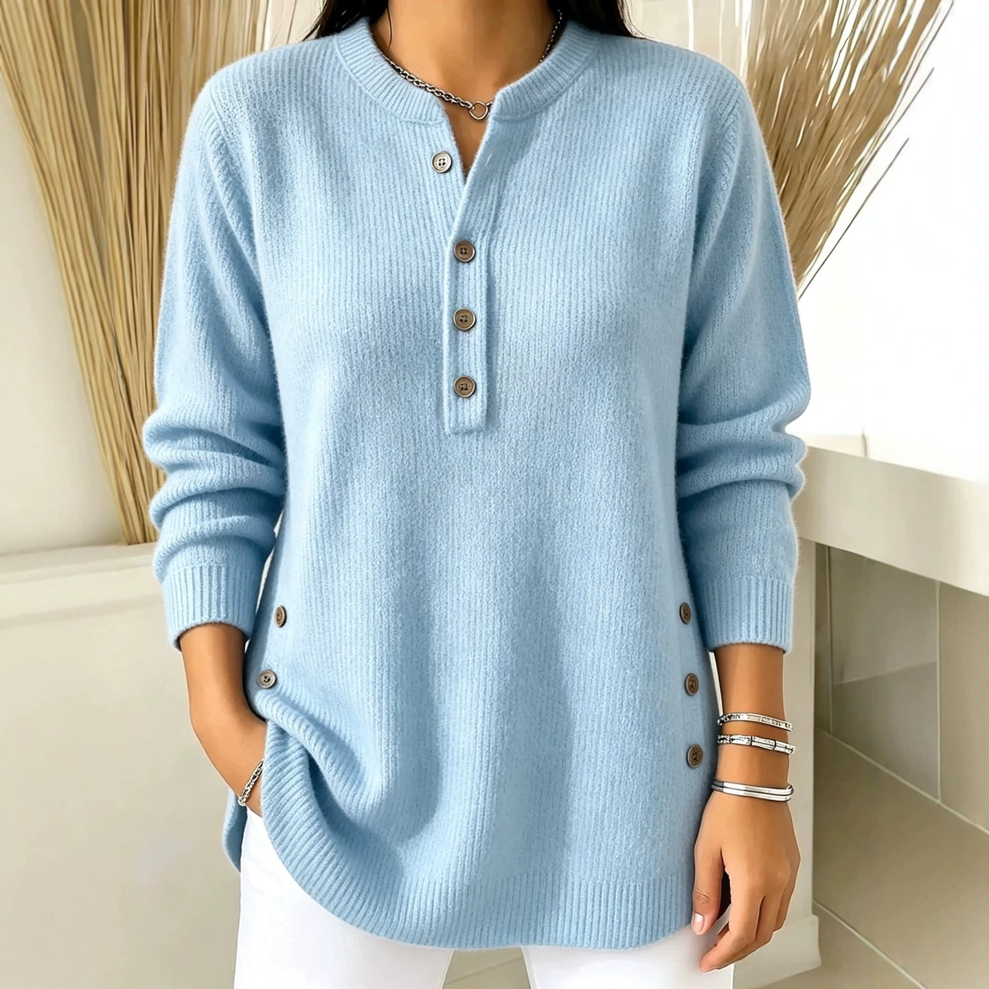 Women's V-Neck Button Knit Sweater Solid Color Loose Fit Top