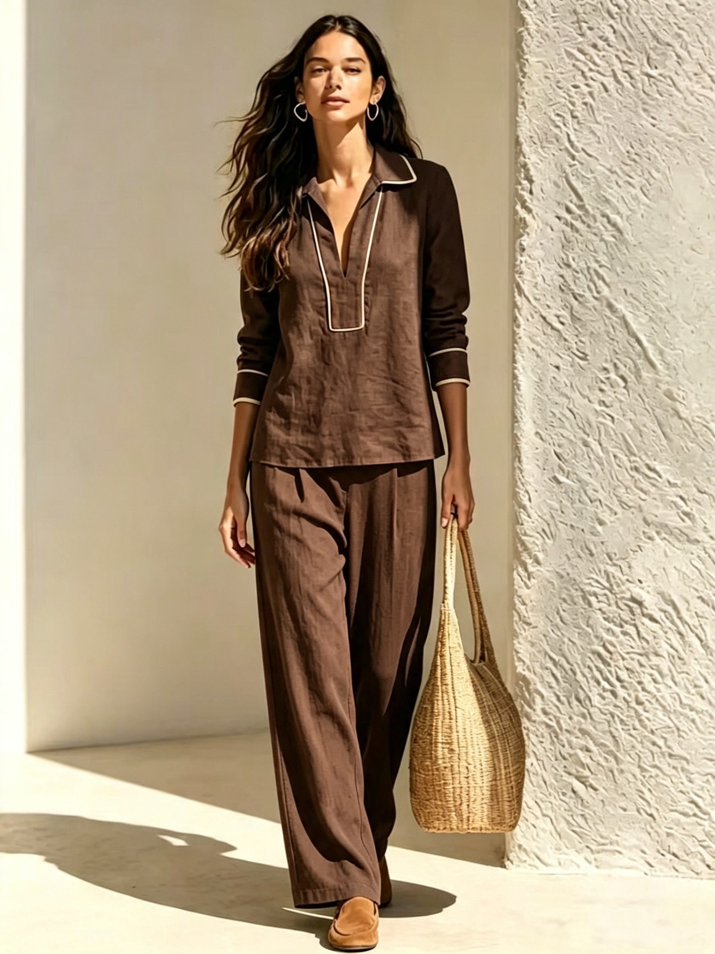 Women's Linen-Blend Pullover Hoodie Two-Piece Set Long Sleeve