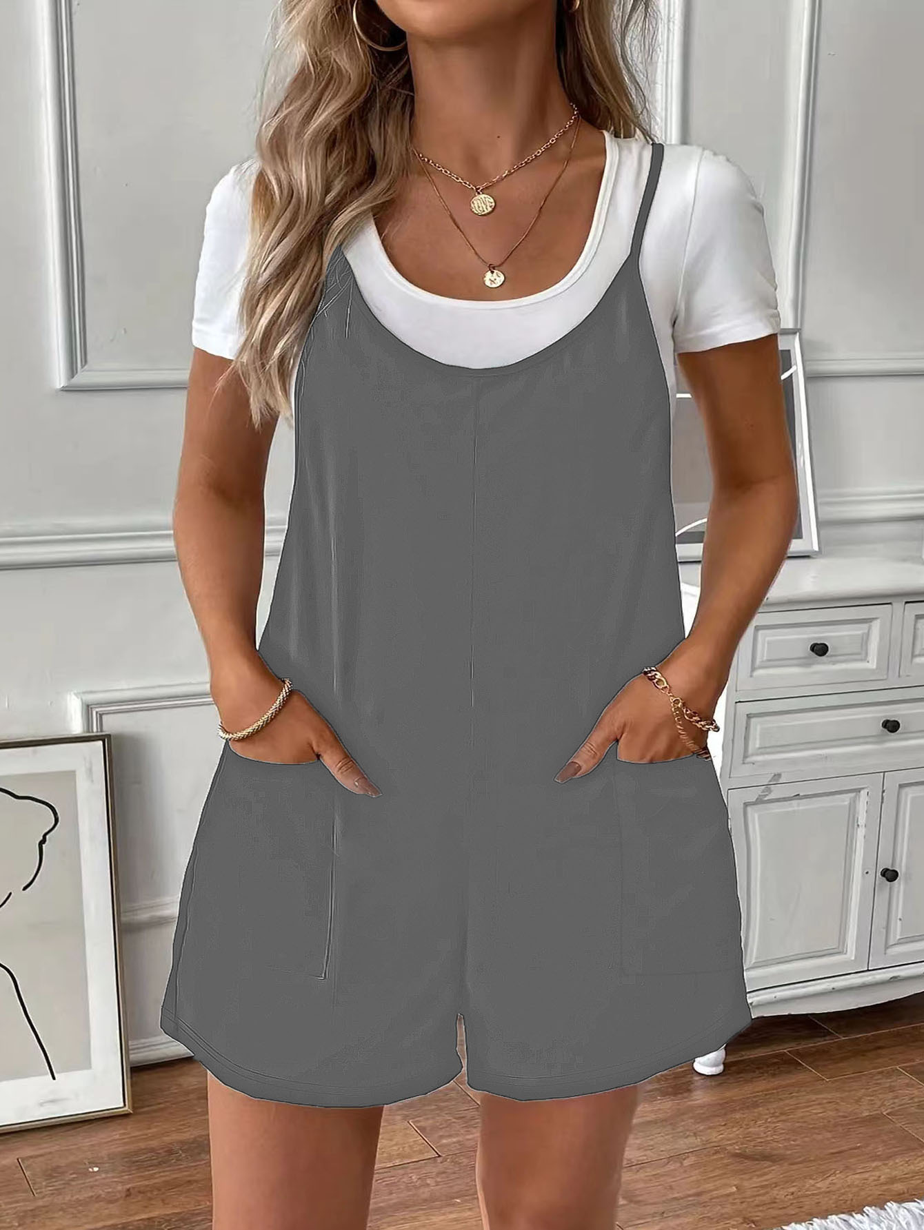 Solid Color Pocket Cami Romper Loose Casual Jumpsuit