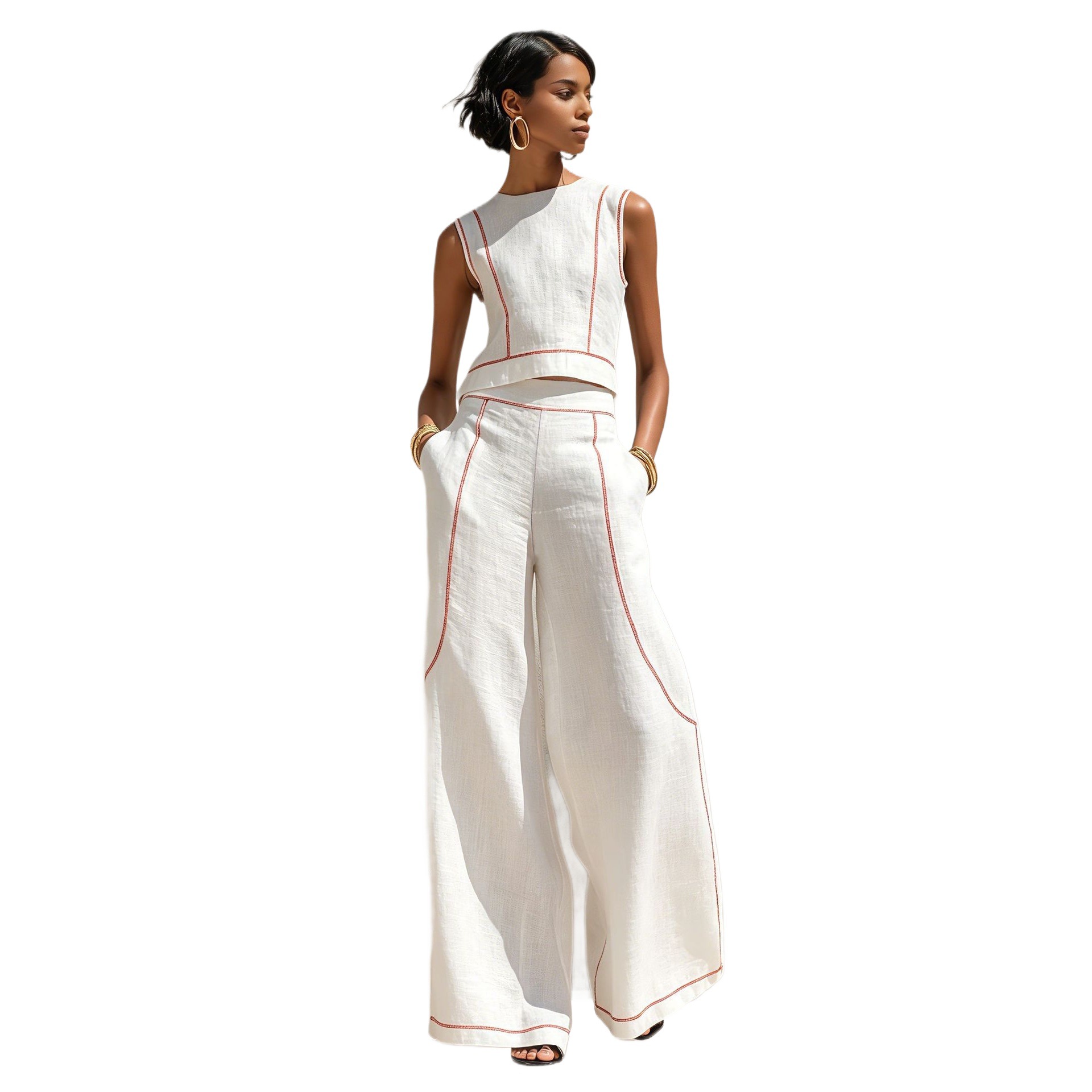 Women's Sleeveless Colorblock Wide-Leg Pants Set Casual Two-Piece