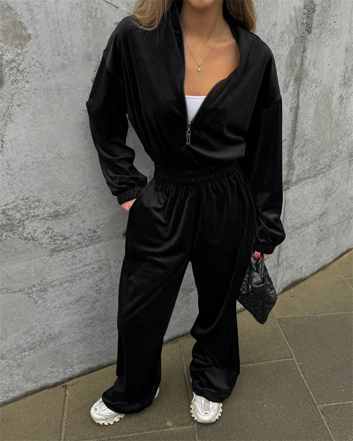 Women's Long Sleeve Jumpsuit with Half Placket and Elastic Waist