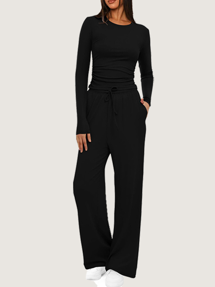 Women's Asymmetric Long Sleeve Wide Leg Pants Casual Set