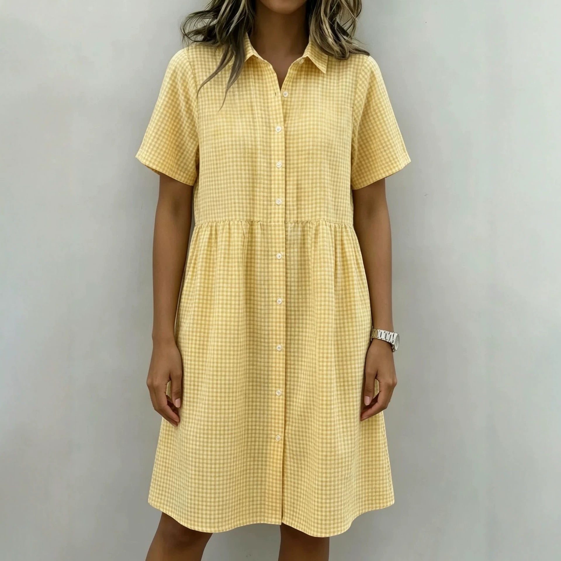 Retro Plaid Polo Collar Puff Sleeve Dress