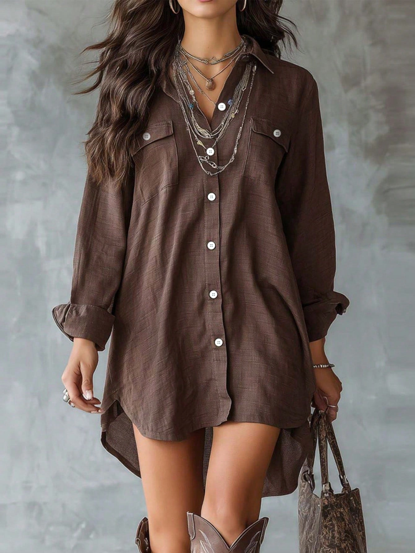 Cotton-Linen Long-Sleeve Button Shirt Dress with Slit