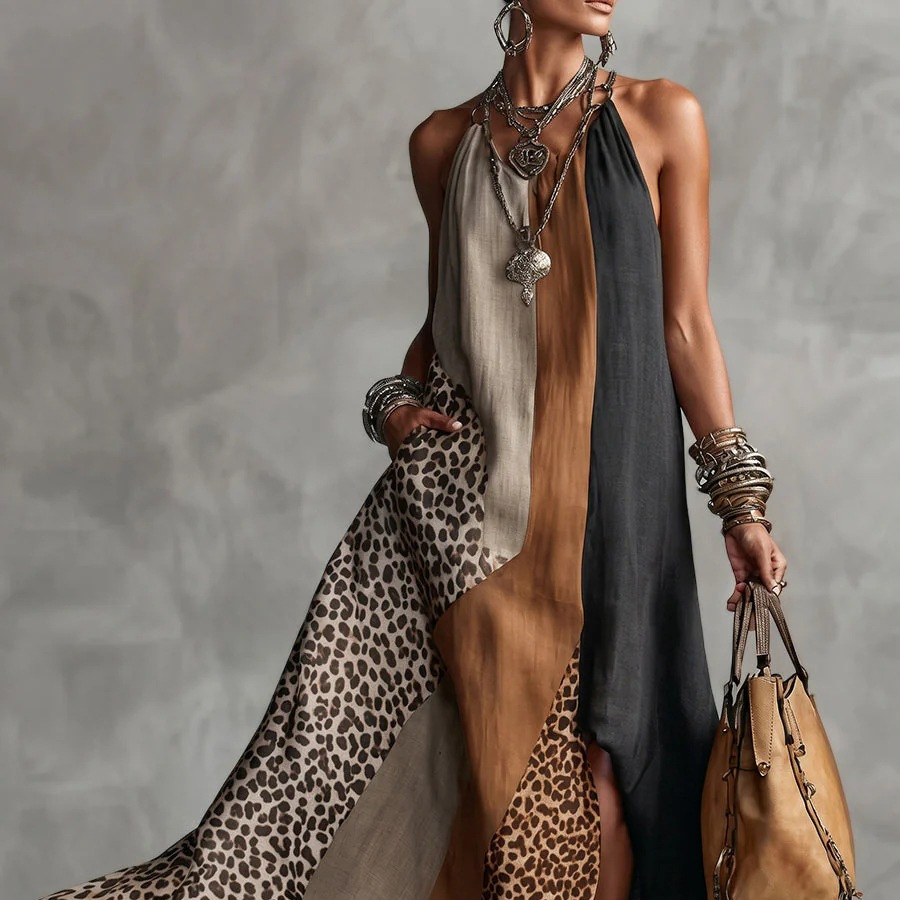 Bohemian Leopard Color-Block Halter Sleeveless Slit Flowy Maxi Dress