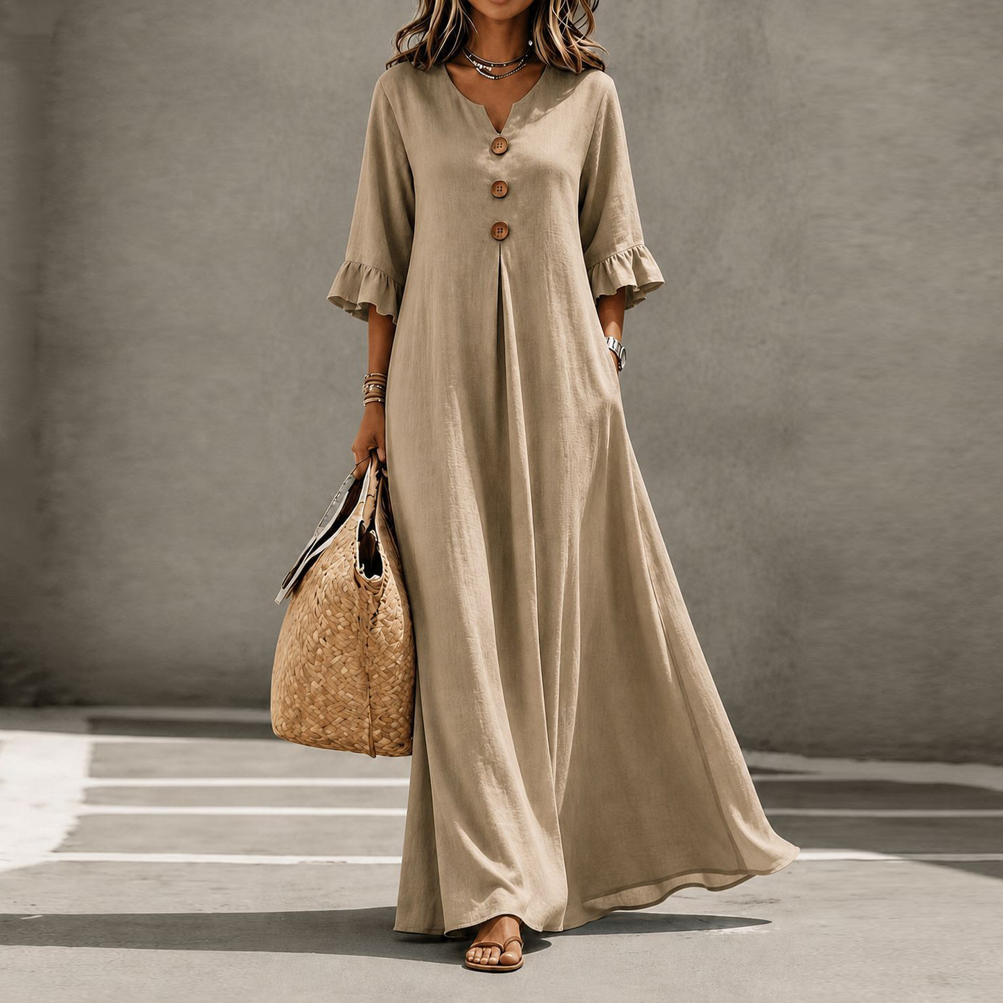 V-Neck Button Bubble Sleeve Loose Long Dress