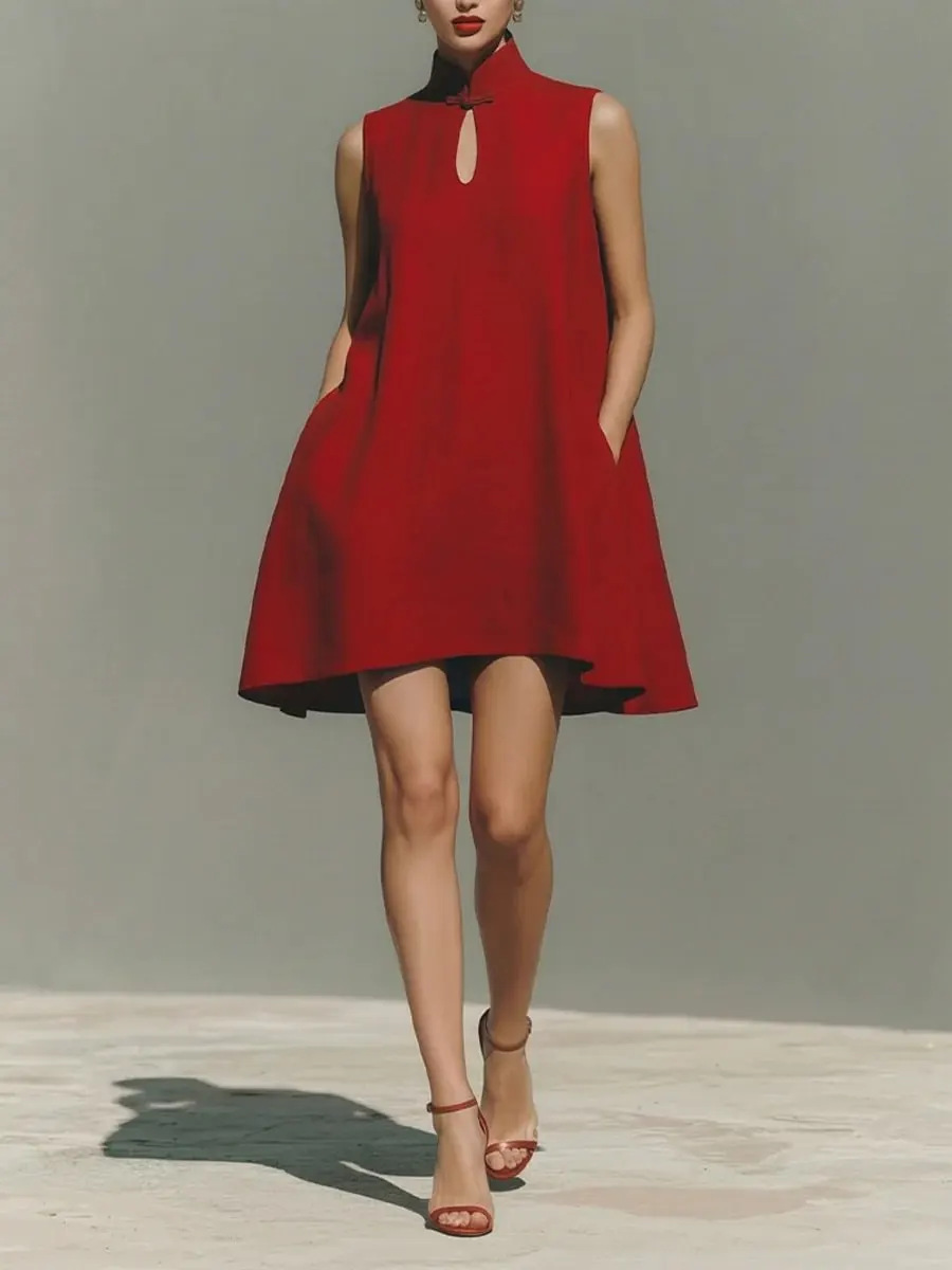 Sleeveless Linen Butterfly-Buckle A-Line Dress