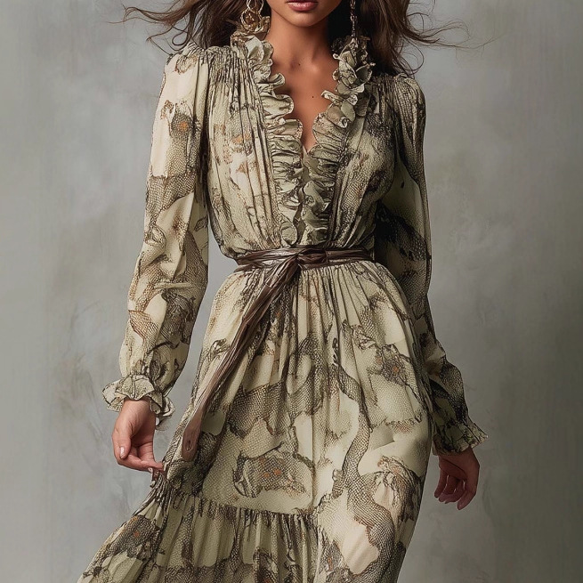 Ruffled V-Neck Chiffon Maxi Dress Desert Python Print