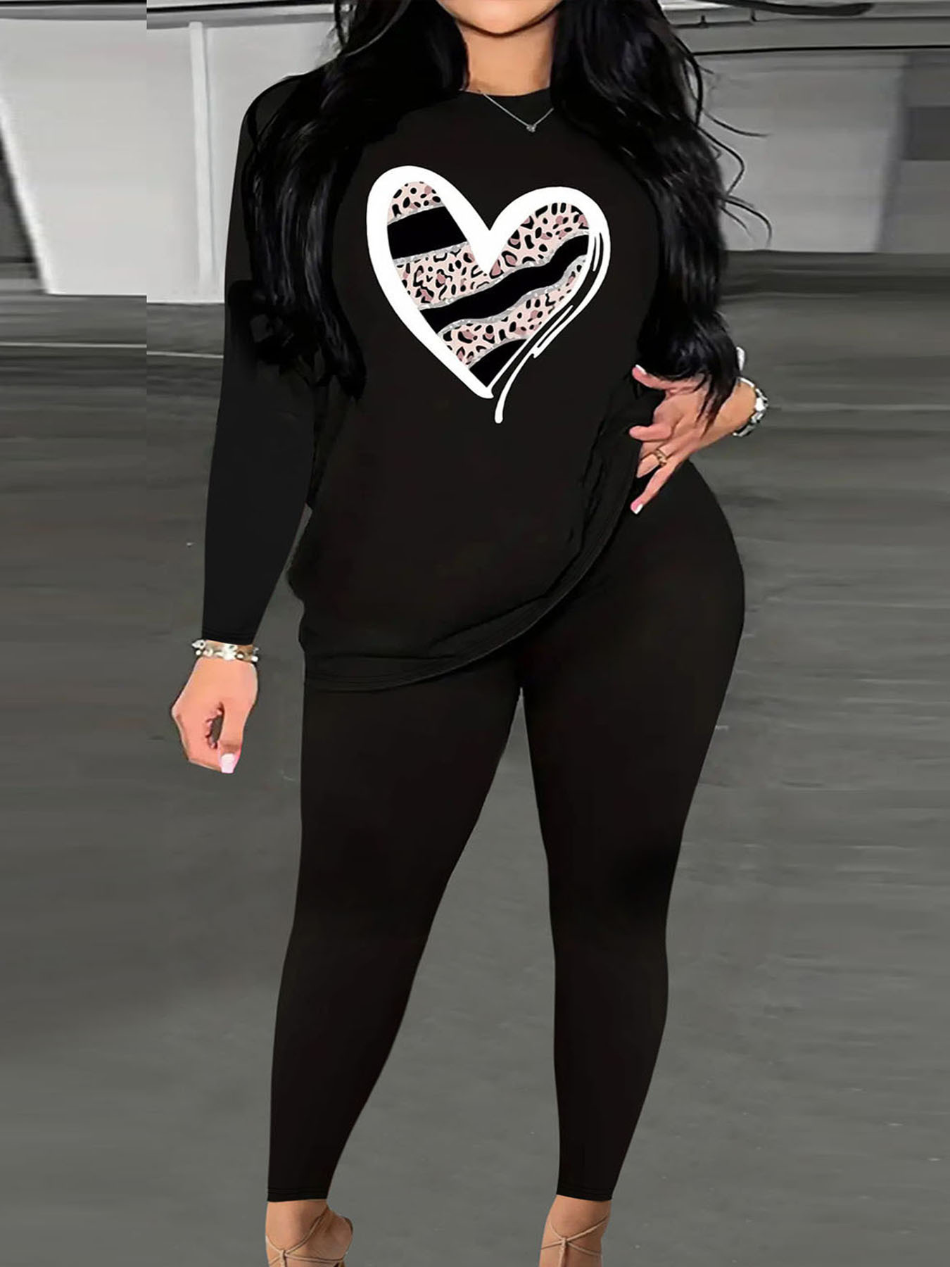 Letter Heart Print Loose Casual Round Neck Two-Piece Pants Set