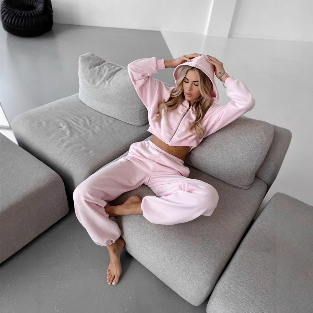 Women's Solid Color Hooded Cardigan Sweatshirt and Jogger Pants Two-Piece Set