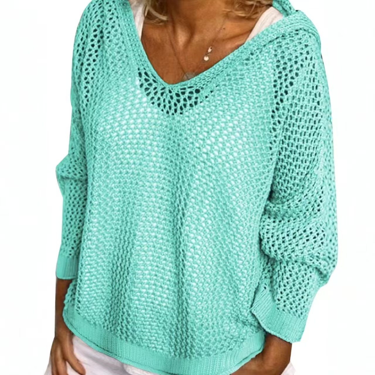 Hooded Knit Sun Protection Top Lightweight Loose Pullover