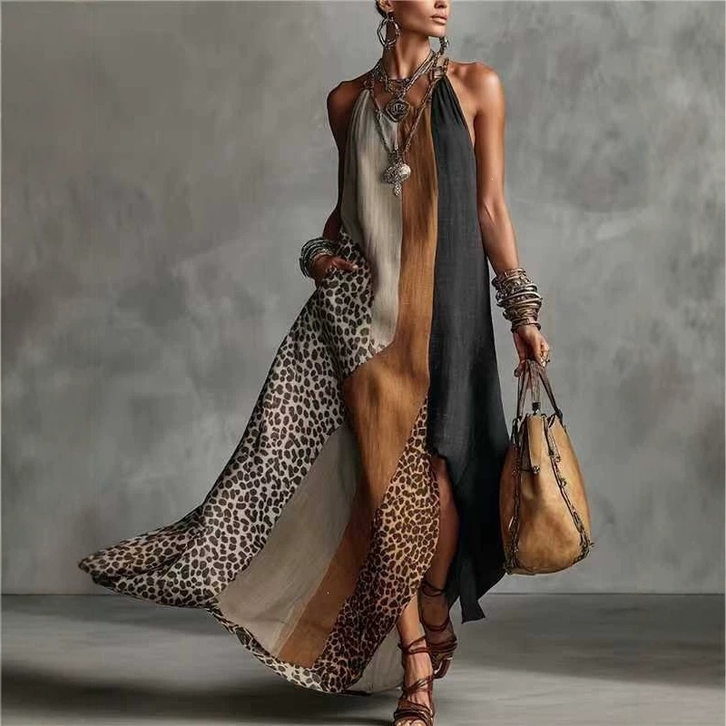Women's Halter Neck Color-Block Maxi Dress Sleeveless Open Back Loose Fit