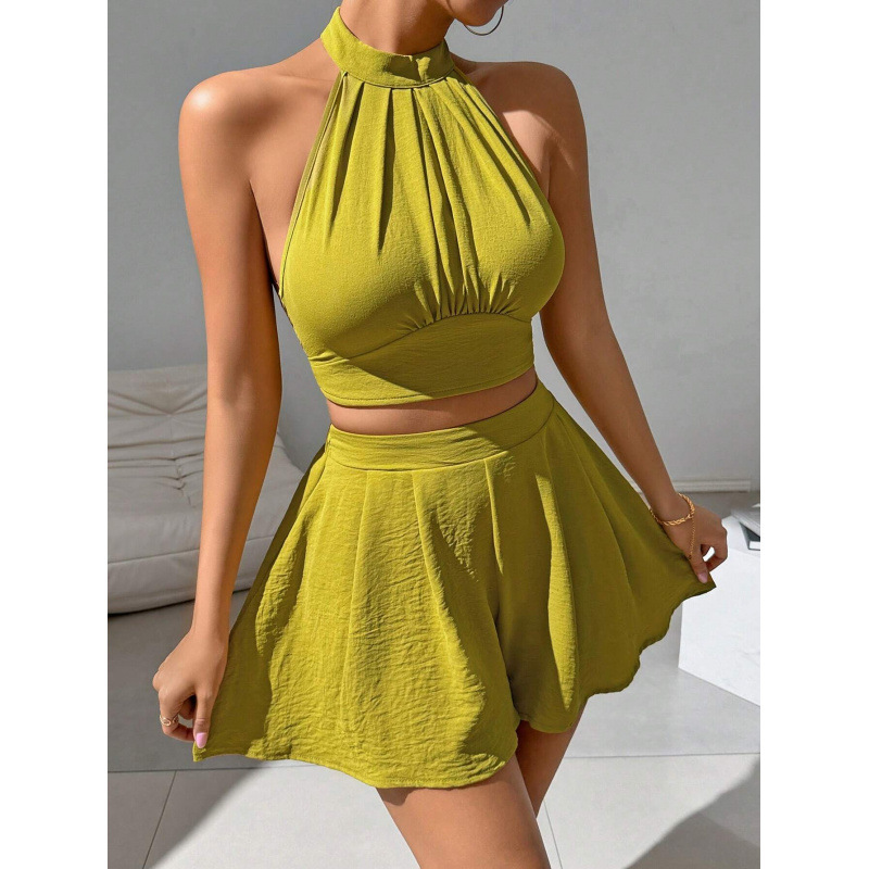 Women's Summer Solid Color Halter Cami and Shorts Set