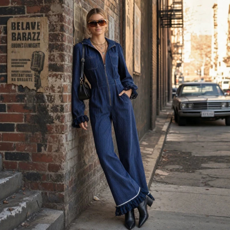 Dark Blue Striped Lace Trim Jumpsuit