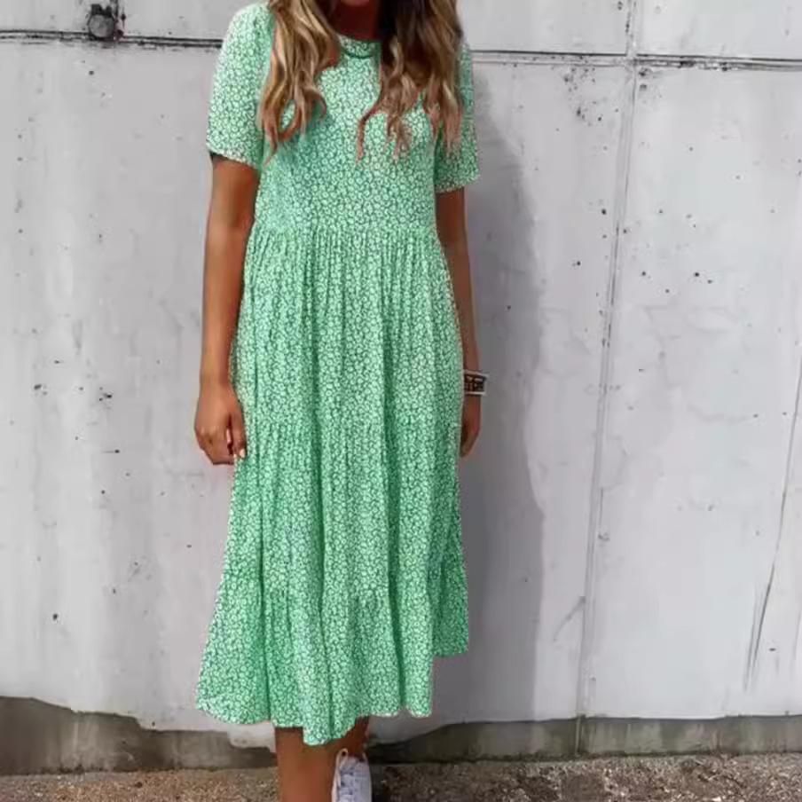 Floral Print Round Neck Short Sleeve Maxi Dress