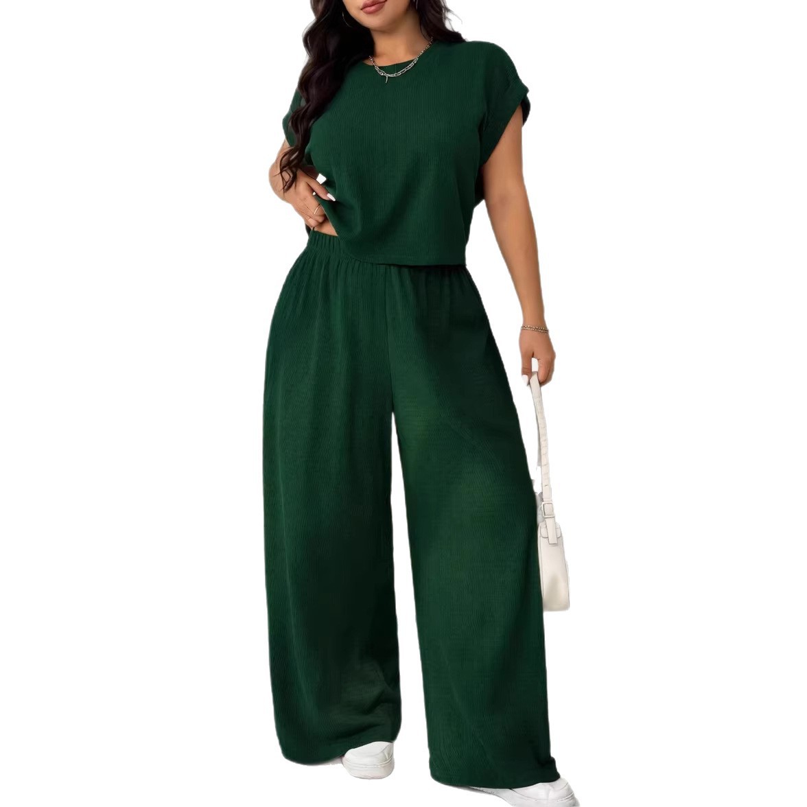 Women's Plus Size Casual Two-Piece Set Short Sleeve Top & Wide-Leg Pants