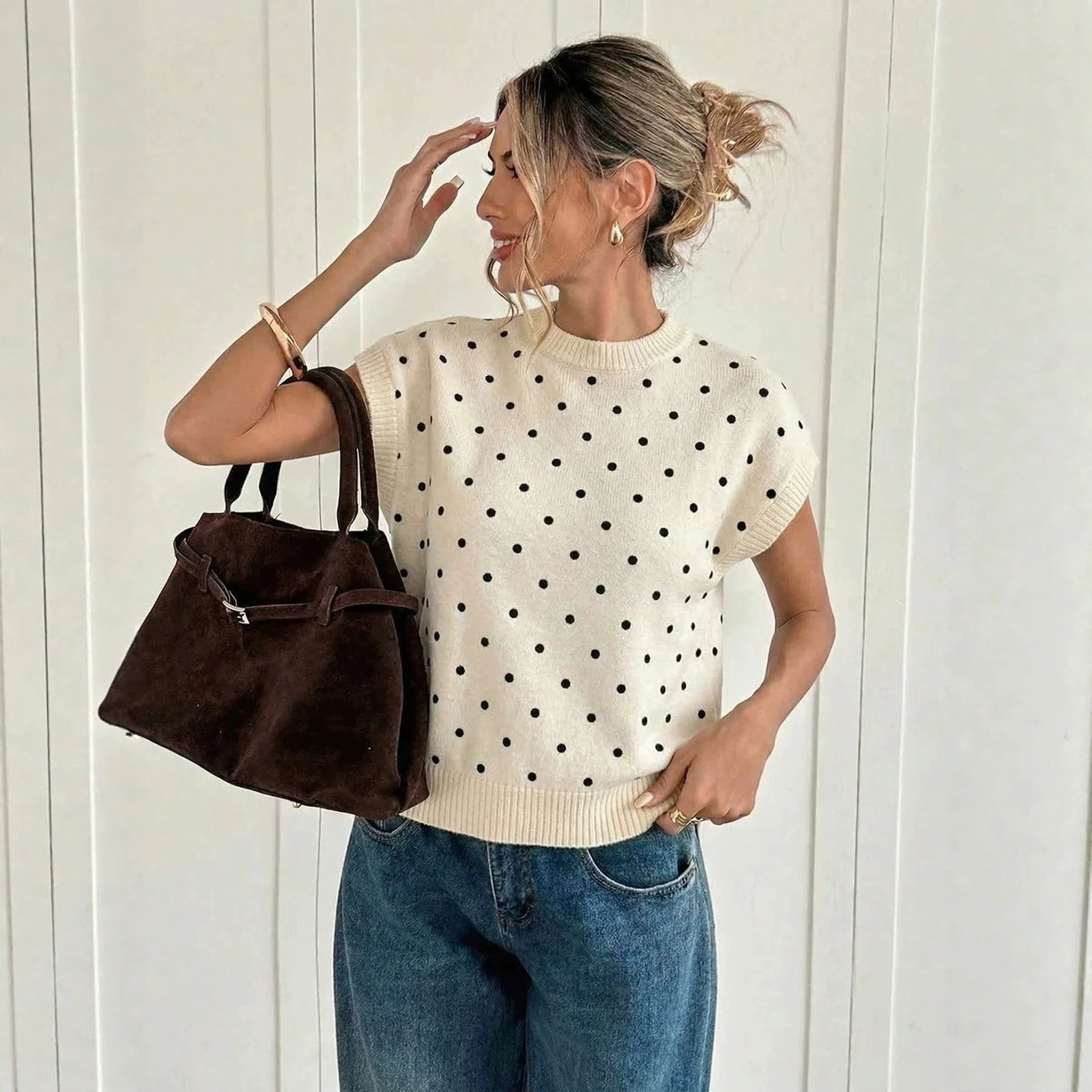 Women's Off-White Polka Dot Crewneck Knit Top Loose Drop-Shoulder Short-Sleeve Lightweight Sweater