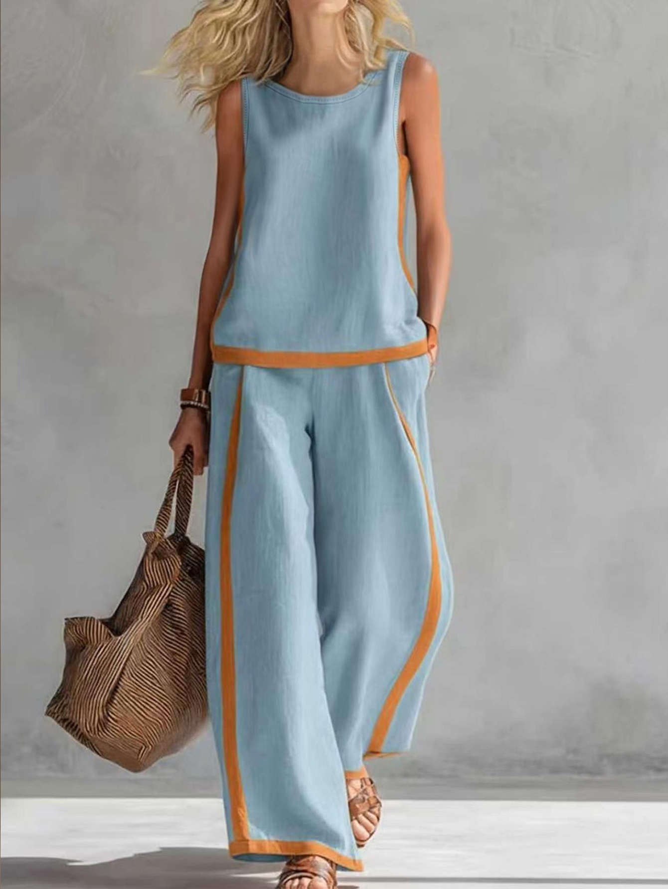 Sleeveless Colorblock Wide-Leg Pants Set Women's Summer Casual Two-Piece