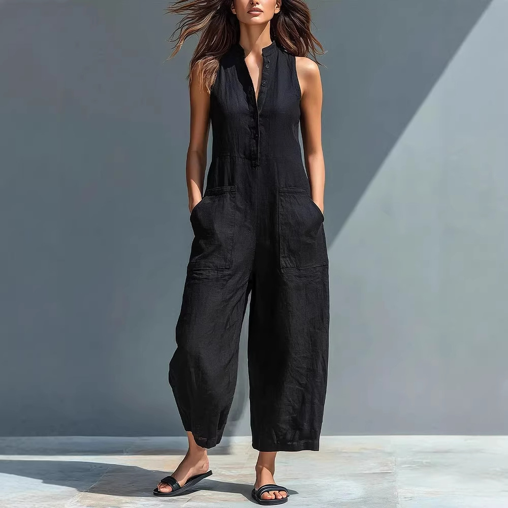 Women's Sleeveless Stand Collar Pocket Jumpsuit