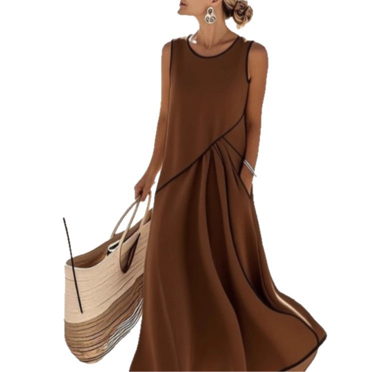 Women's Sleeveless Crew Neck Colorblock Knit Maxi Dress