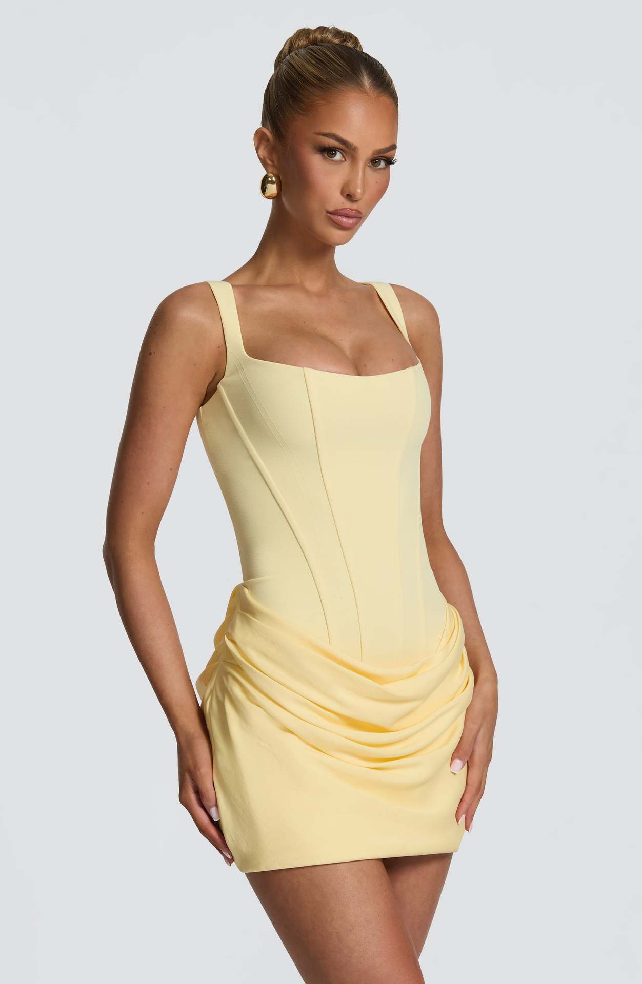 Square Neck Sleeveless High Waist Lace-Up Ruched Bodycon Mini Dress