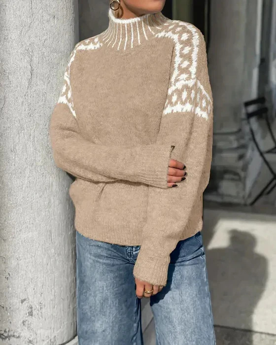 Women's Jacquard Crewneck Sweater Loose Soft Lazy Knit Top
