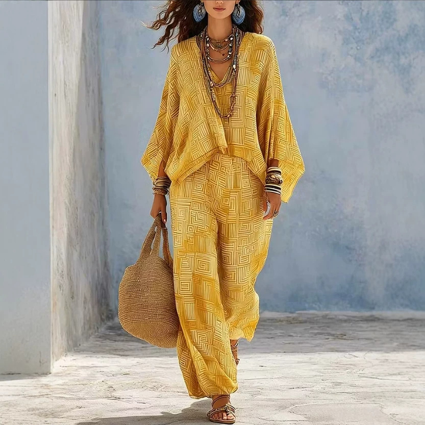 Women's Geometric Print V-Neck Loose Top & High-Waist Wide-Leg Pants Set