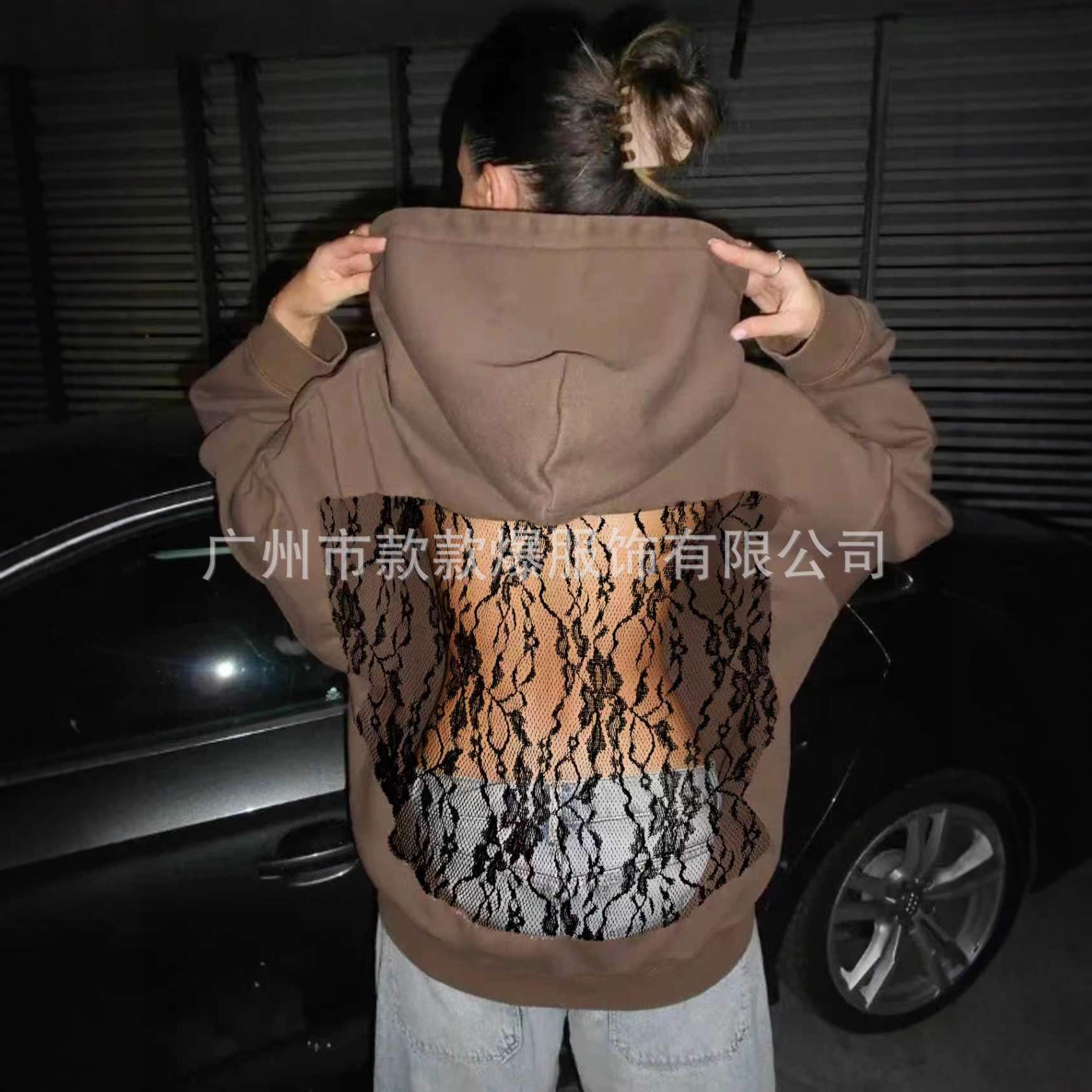 Women's Solid Color Hooded Long Sleeve Open Back Lace Hoodie