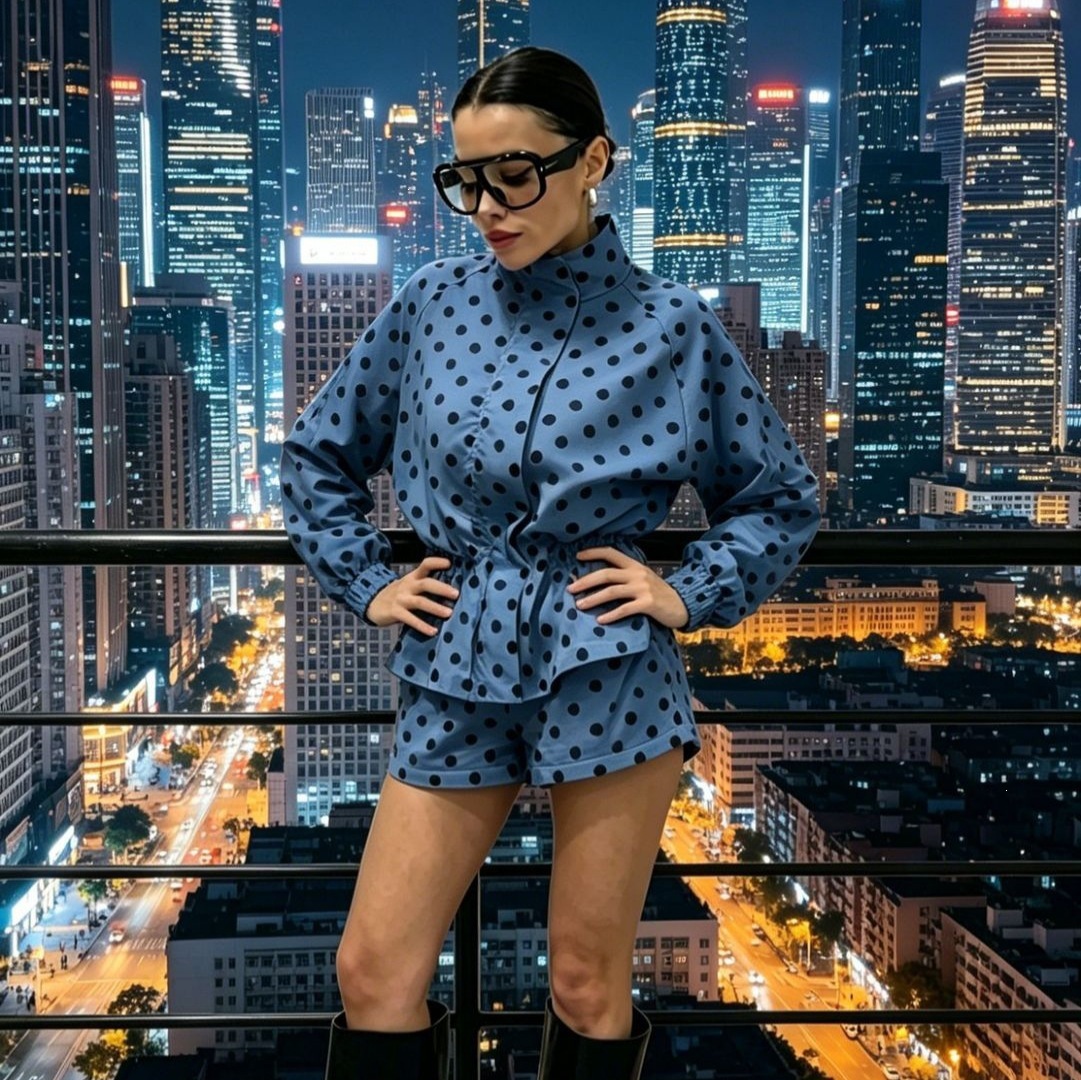 Polka Dot Long-Sleeve Jacket and High-Waist Shorts Set