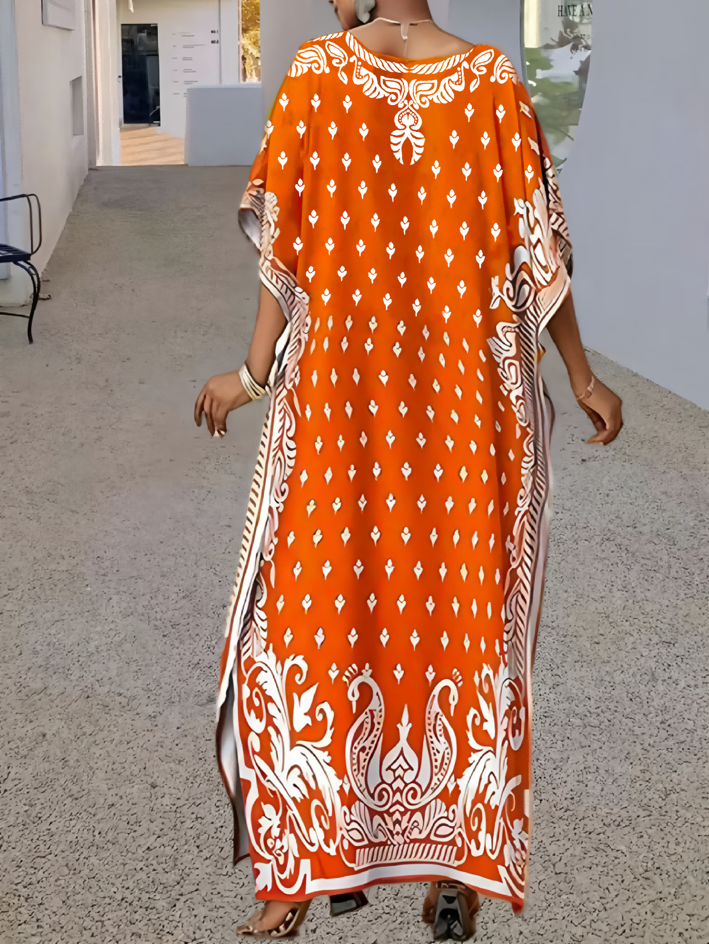 Women's Loose V-Neck Printed Long Sleeve Maxi Robe