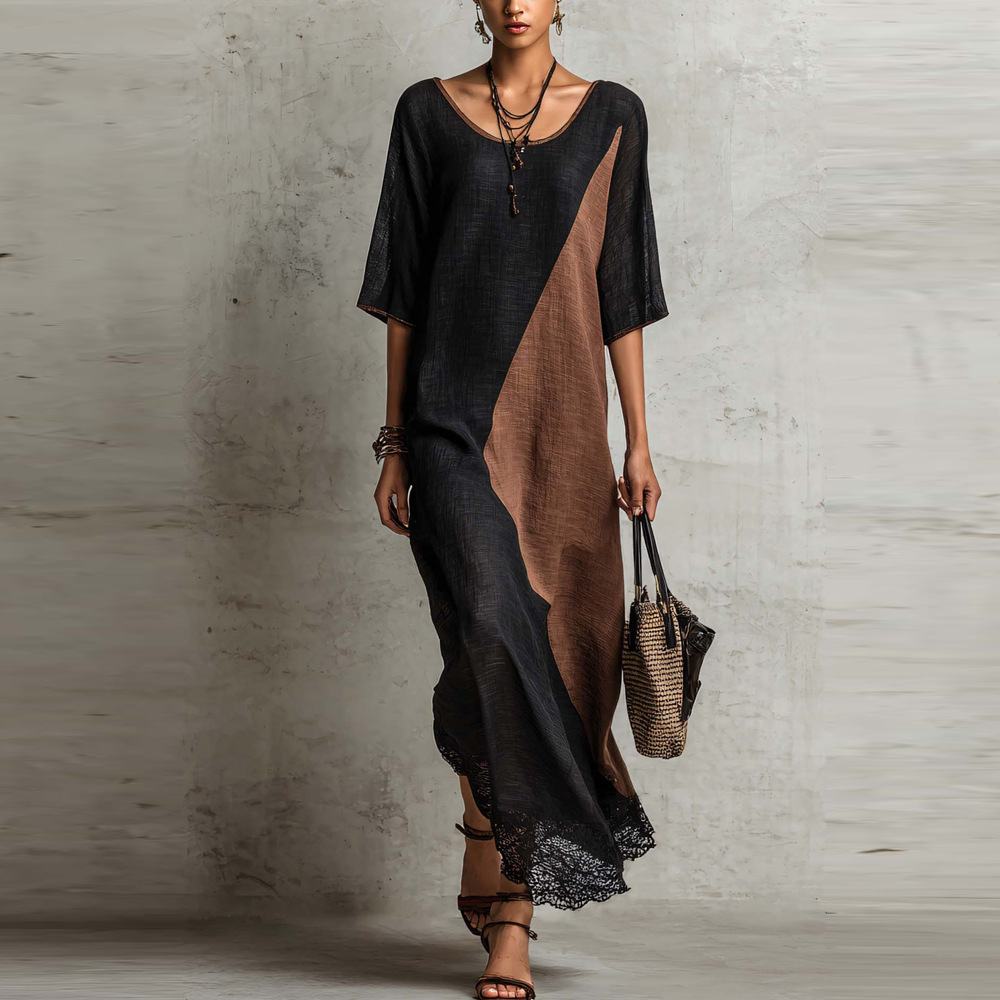 Women's Loose Color-Block A-Line Long Dress
