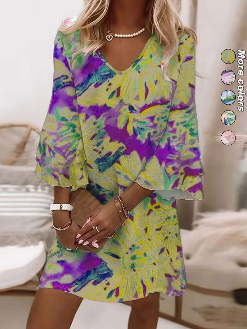 Women's Floral Print Rolled Sleeve Midi Dress