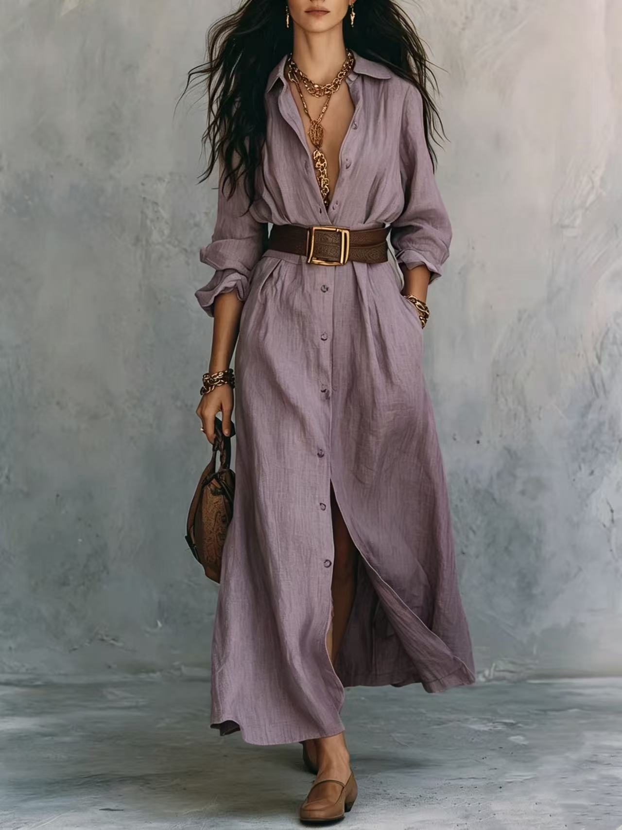 Collared Button-Front Slit Shirt Dress with Wide Belt