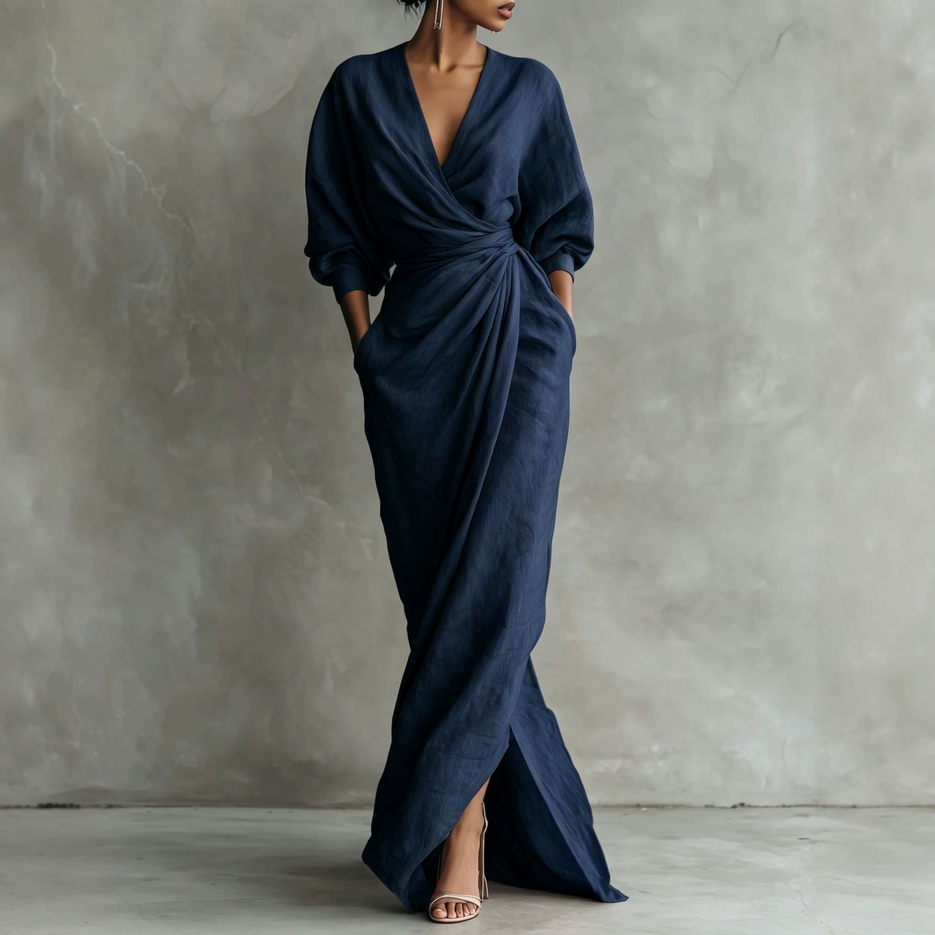 V-Neck Solid Linen-Blend Loose A-Line Midi Dress