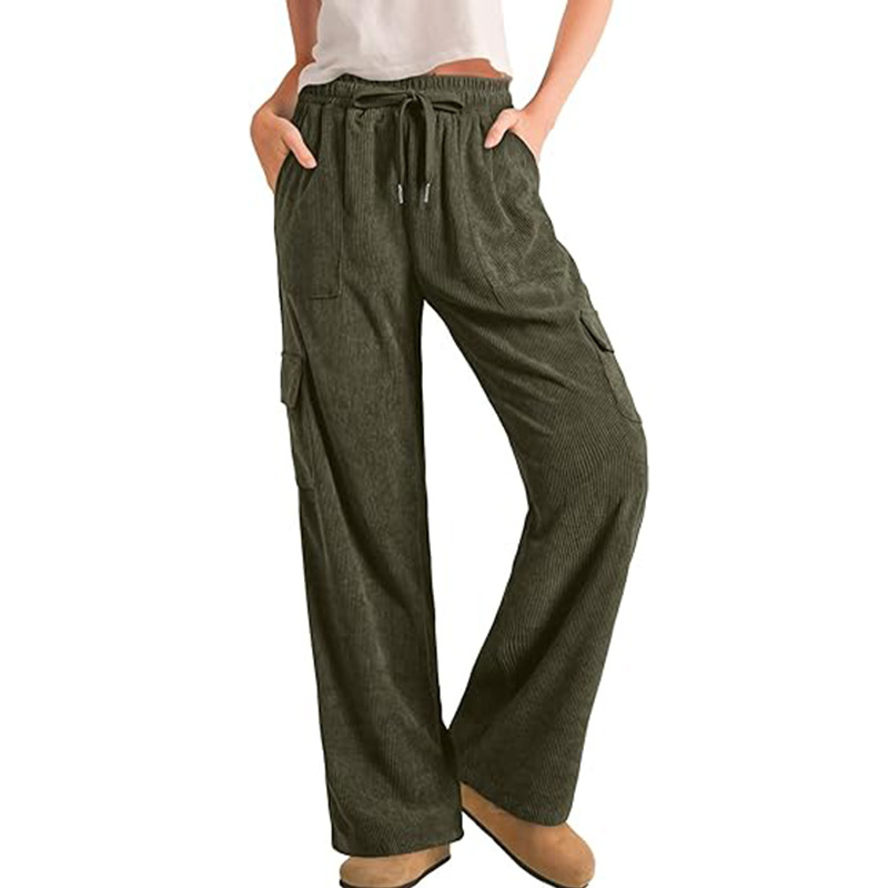 Corduroy Cargo Pants for Women Elastic Waist Wide Leg Loose Straight Casual