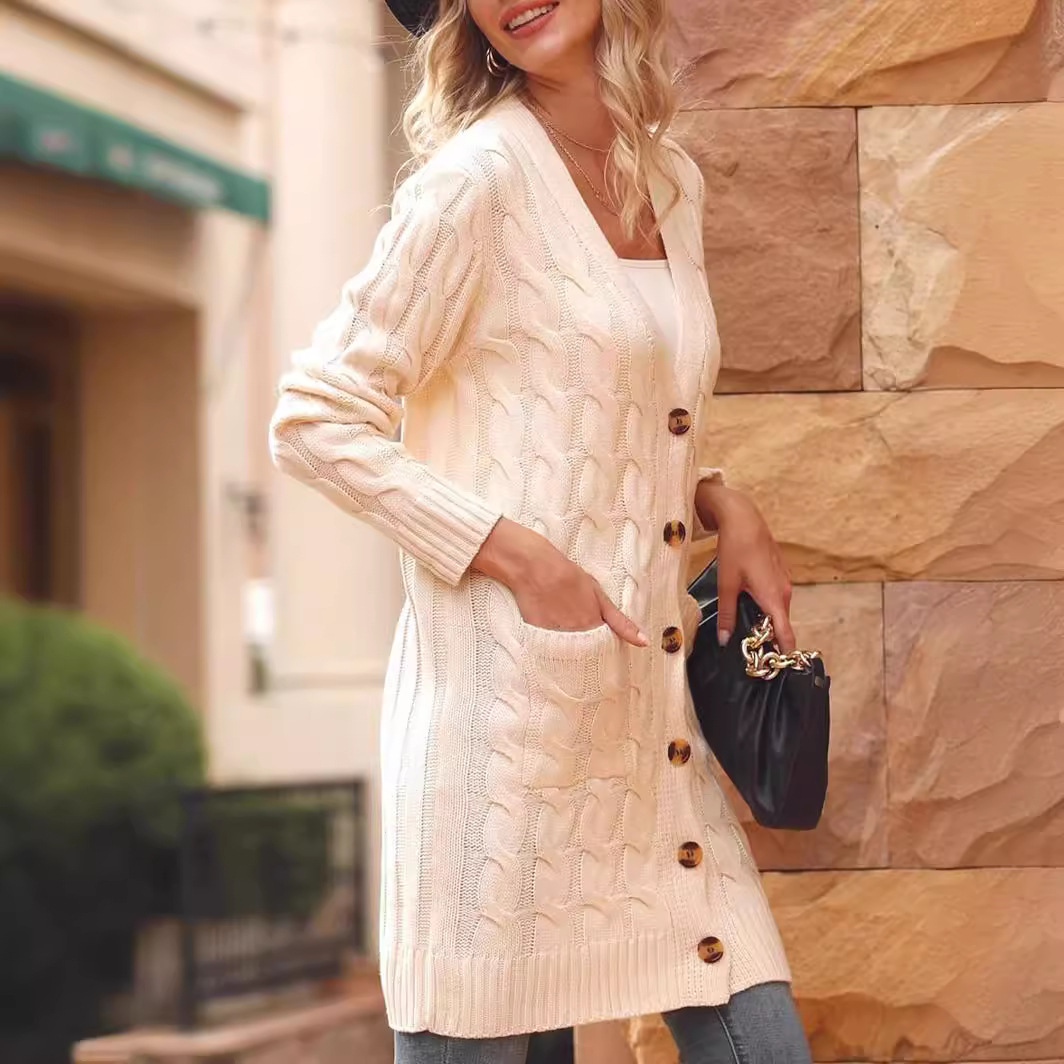 Solid Cable-Knit Long Cardigan with Pockets
