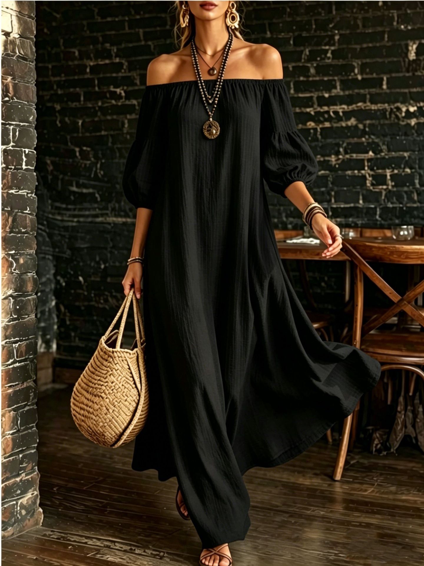 Off-Shoulder Puff Sleeve Textured Solid Color Dress Women Loose Flowy Vacation Beach Long Dress