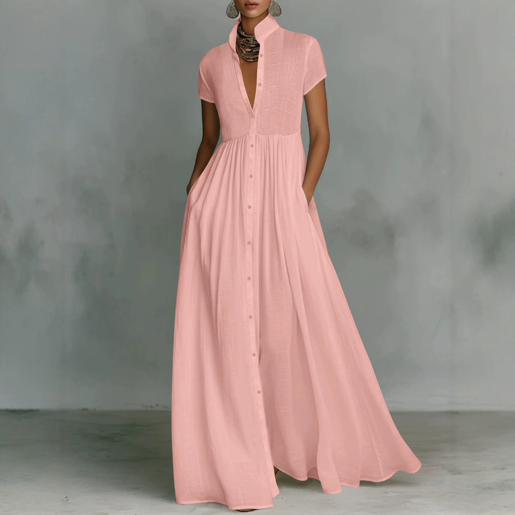 Elegant Stand Collar High Waist Pleated Flowy Maxi Dress