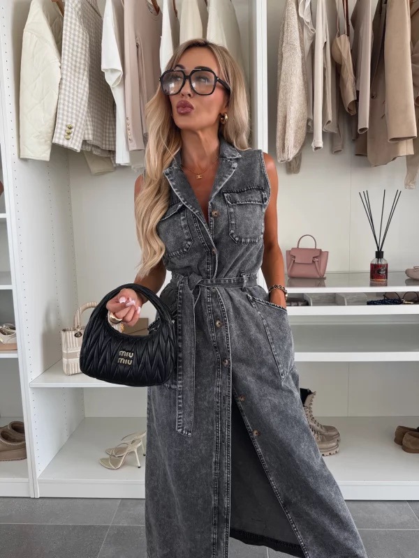 Sleeveless Long Belted Single-Breasted Denim Dress